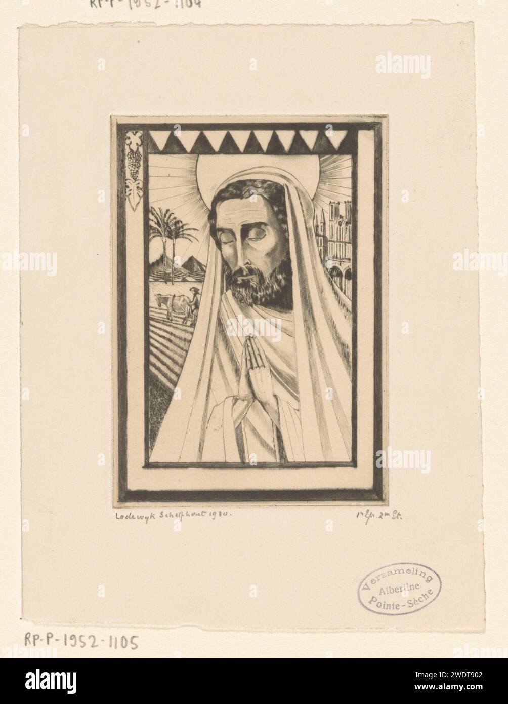 Jozef, Lodewijk Schelfhout, 1930 estampe Joseph, les mains pliées et les yeux fermés. Avec ce deuxième état de l'impression, un paysage avec des champs, des palmiers, des montagnes et des églises a été ajouté en arrière-plan. Papier point sec le père adoptif du Christ, Joseph de Nazareth, mari de Marie ; attributs possibles : baguette ou baguette fleurie, lys, outils de charpentier. une personne priant Banque D'Images