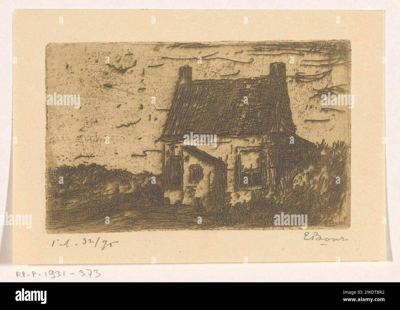 Maison à ter Heijde près de la Haye, Etienne Bosch, c. 1873 - en 1931 ou avant imprimer petite maison rectangulaire dans un paysage. papier. Gravure à l'encre d'impression / Drypoint Cottage Ter Heijde Banque D'Images