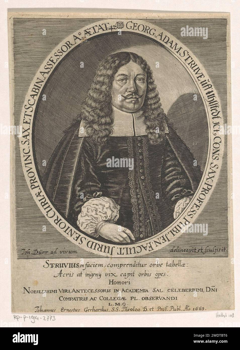 Portrait de Georg Adam Struve à l'âge de 42 ans, Johann Dürr, 1663 estampe avec louange en latin. Imprimeur : Germanyaprès dessin par : GermanyJena gravure sur papier personnes historiques Banque D'Images