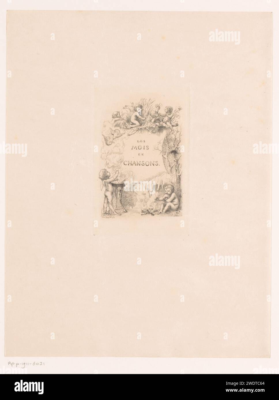 Putti avec le feu, les oiseaux et la récolte, Louis le nain, 1861 - 1911 print les putti représentent plusieurs mois de l'année et les activités d'accompagnement, y compris la récolte des céréales et du vin. les saisons de gravure sur papier de l'année représentées par des scènes montrant des activités humaines, généralement dans un paysage. cupidons : 'amores', 'amoretti', 'putti' Banque D'Images