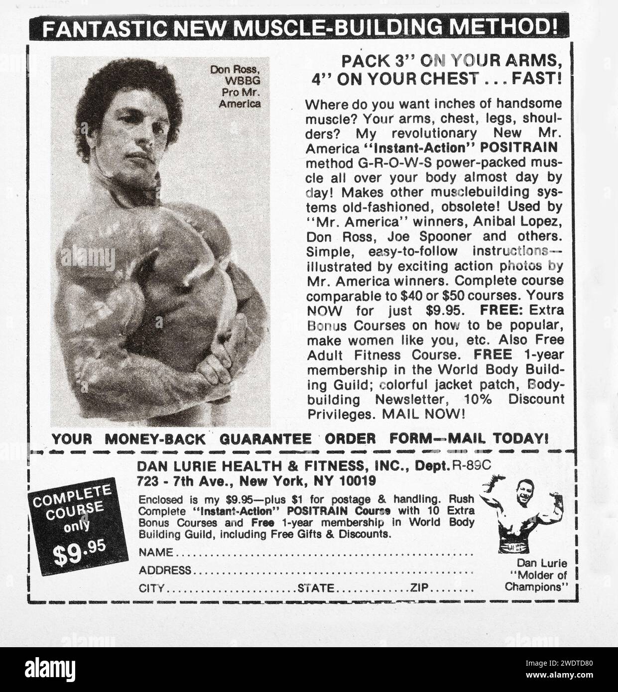 Une annonce de culturisme Dan Lurie dans un magazine sportif de la fin des années 1970 offrant son cours Instant action Positrain. Généreusement, ils jettent dans une adhésion gratuite de 1 ans à la World Bodybuilding Guild. Banque D'Images