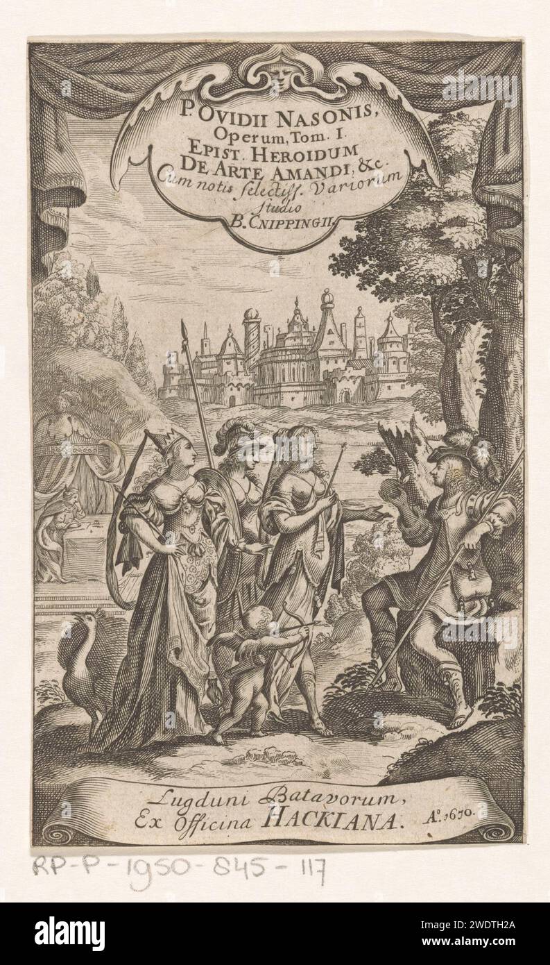 Jugement de Paris, Anonyme, d'après Simon Vouet, 1670 print Paris, assis contre un arbre avec la pomme d'or dans sa main droite. Avec lui sont les trois déesses Vénus avec amor, minerve avec bouclier et hibou et juno avec paon. En arrière-plan une vue d'une ville. Le spectacle est fermé par des draperies au sommet. Leiden gravure sur papier le jugement de Paris (sans Mercure) Banque D'Images