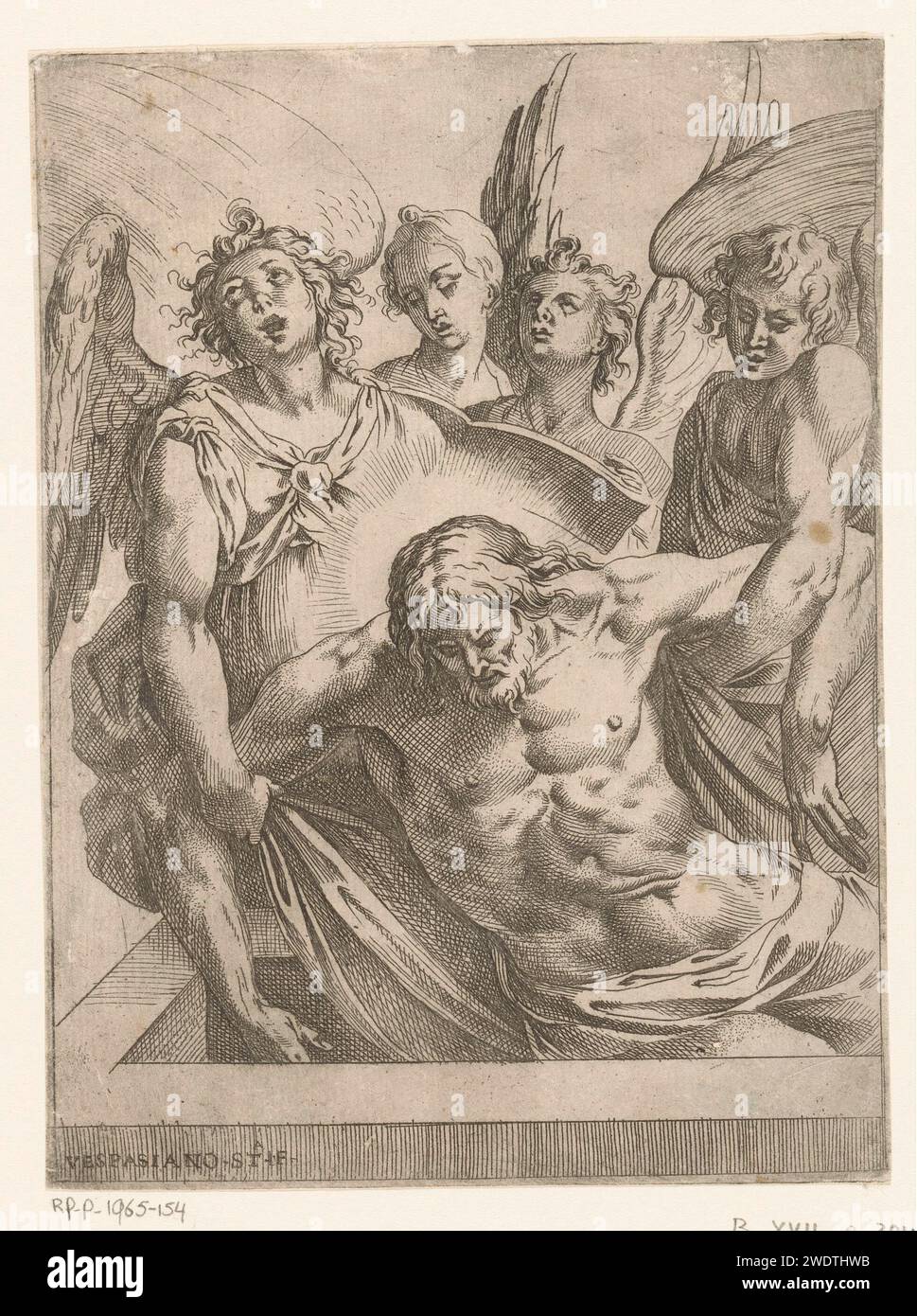 Anges avec le corps du Christ, Vespasiano Strada, c. 1592 - 1622 imprimer quatre anges sur le corps du Christ dans la tombe. Italie papier gravure Christ déploré par les anges Banque D'Images