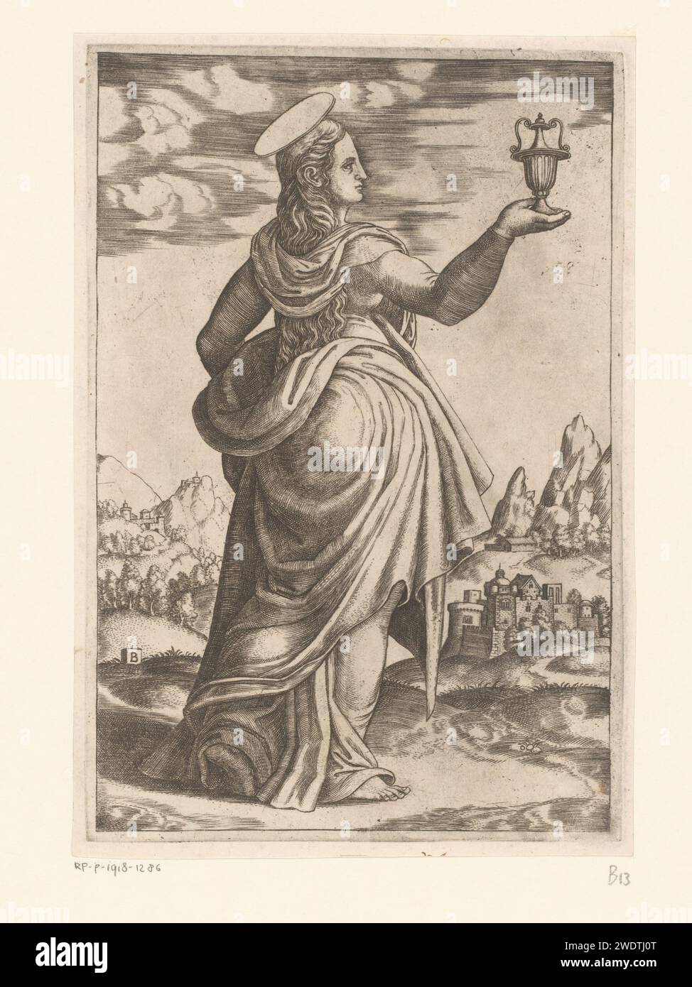Maria Magdalena, maître des dés, c. 1530 - c. 1560 impression Maria Magdalena debout dans un paysage avec le pot de pommade dans sa main. Italie papier gravure la pénitente Harlot Marie Madeleine ; attributs possibles : livre (ou rouleau), couronne, couronne d'épines, crucifix, pot de pommade, miroir, instrument de musique, branche de palmier, rosaire, fléau - aspects spécifiques  sainte femelle Banque D'Images