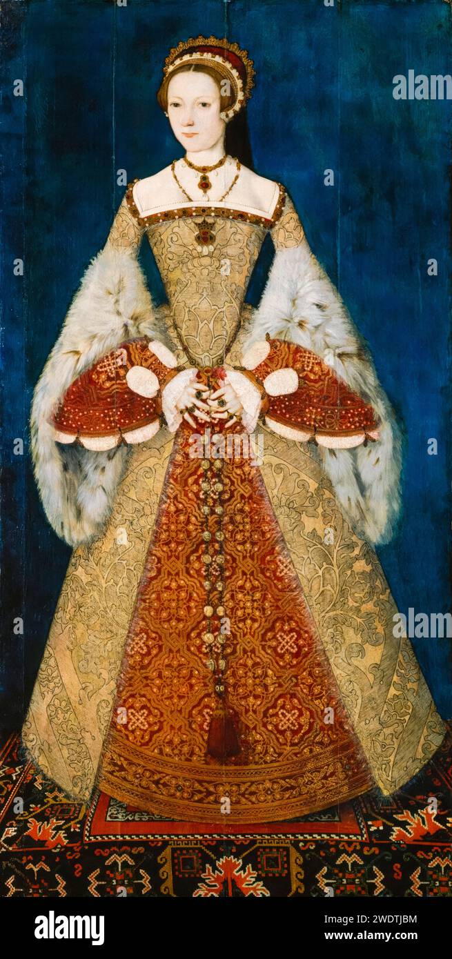 Catherine Parr, ou, Katherine Parr (1512-1548), reine consort d'Angleterre et d'Irlande (1543-1547), portrait à l'huile sur panneau par Maître John (attribué), vers 1545 Banque D'Images