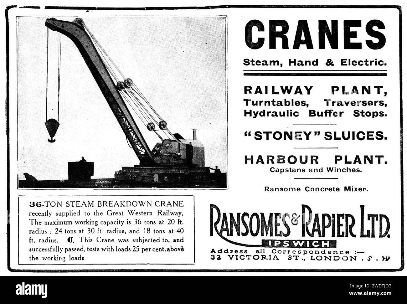 Une publicité vintage pour les grues de rupture de chemin de fer à vapeur Ransomes & Rapier Banque D'Images