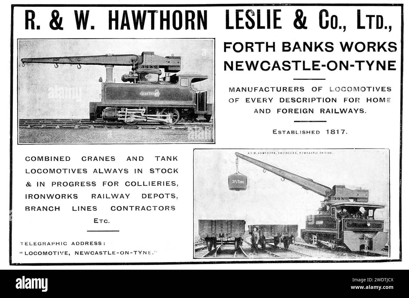 Une publicité vintage pour les locomotives à vapeur Hawthorn Leslie & Co Crane Banque D'Images