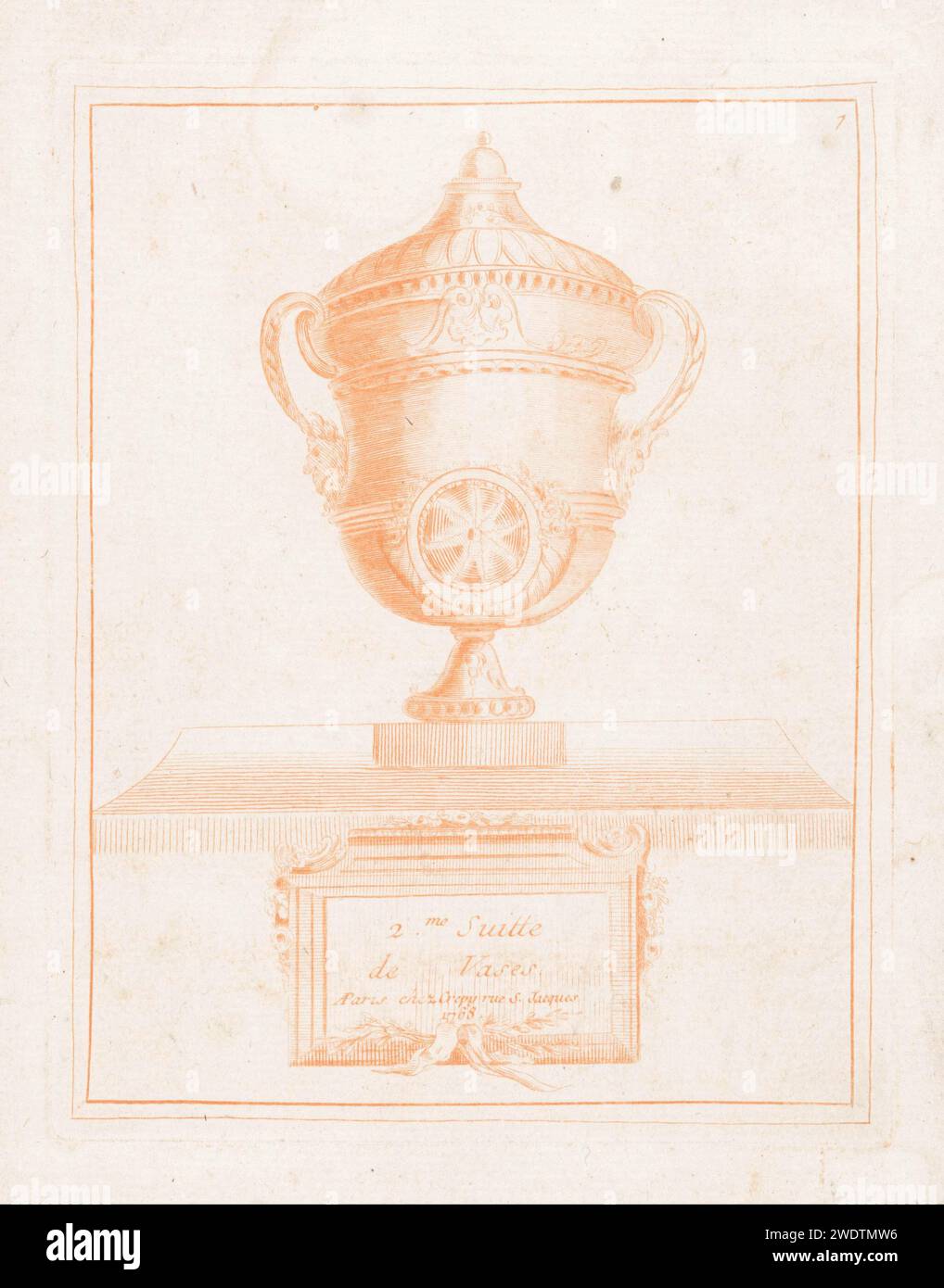 Vase avec masques et cornes d'abondance, Jacques juillet (possible), 1768 imprimer un vase orné avec poignées avec masques et au milieu un médaillon rond à motif floral flanqué de deux cornes d'abondance. En dessous, une tablette avec le titre de la série. Vase de gravure en papier Paris  ornement. masque, mascaron  ornement. 'Cornucopia', Corne de l'abondance Banque D'Images