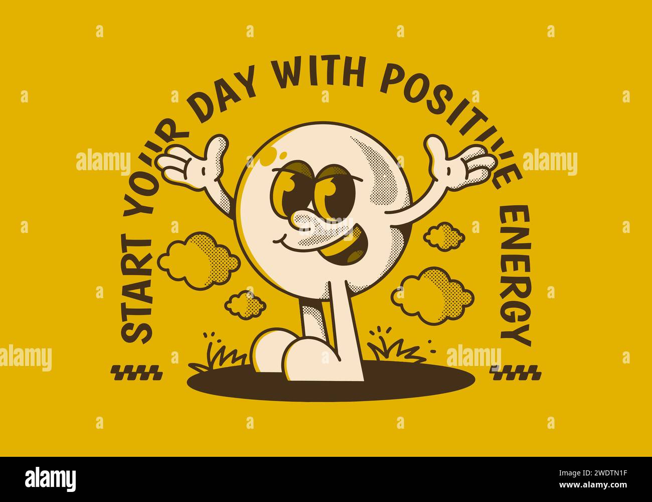 Commencez votre journée avec une énergie positive. Personnage de mascotte de tête de balle avec les mains levées et l'expression heureuse Illustration de Vecteur