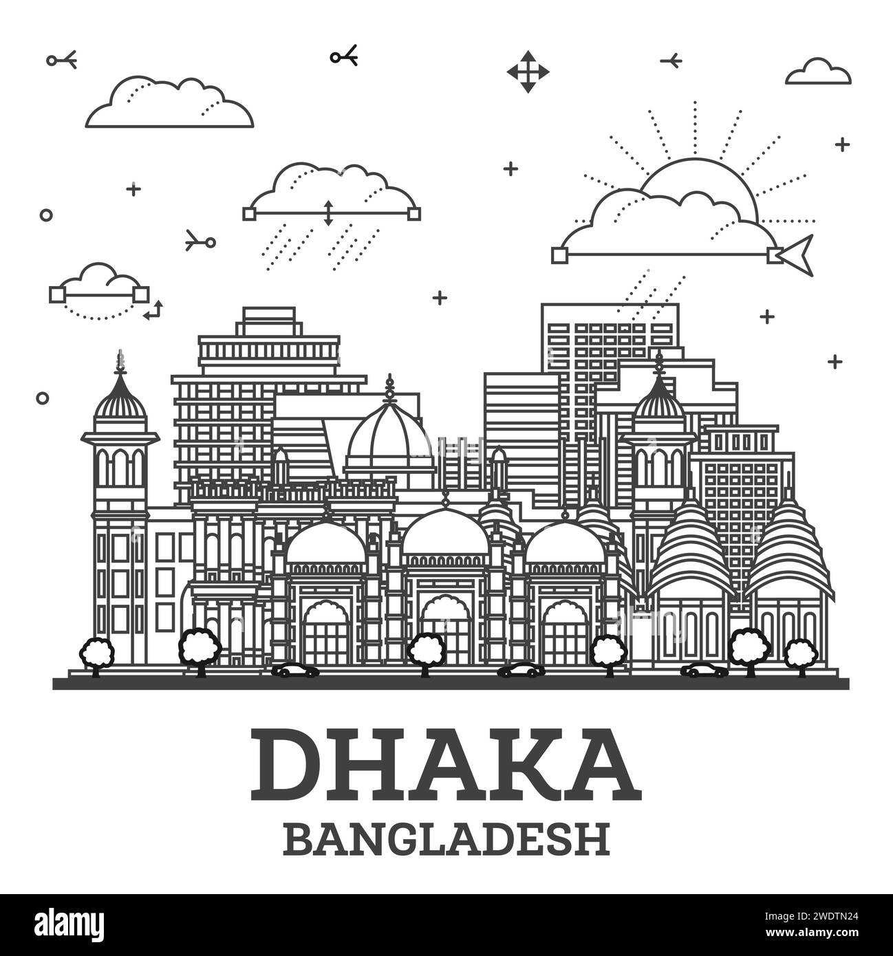 Esquissez les toits de la ville de Dhaka Bangladesh avec des bâtiments modernes et historiques isolés sur du blanc. Illustration vectorielle. Paysage urbain de Dhaka avec des monuments. Illustration de Vecteur