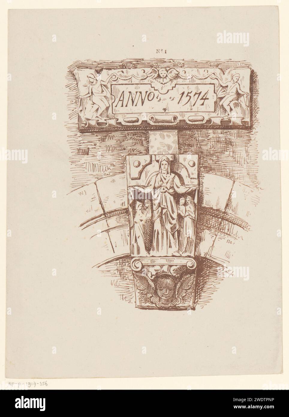 SCHESTSTEEN avec la sainte Ursula Begijnhof à Amsterdam, Jac van Looij, 1877 - 1894 imprimer Pierre la plus profonde à la porte du Begijnhof sur le Gedempte Begijnsloot. Numéroté au milieu : n° 1. Amsterdam Paper Keystone  architecture. St. Ursula protégeant les onze mille vierges avec son manteau Amsterdam Banque D'Images