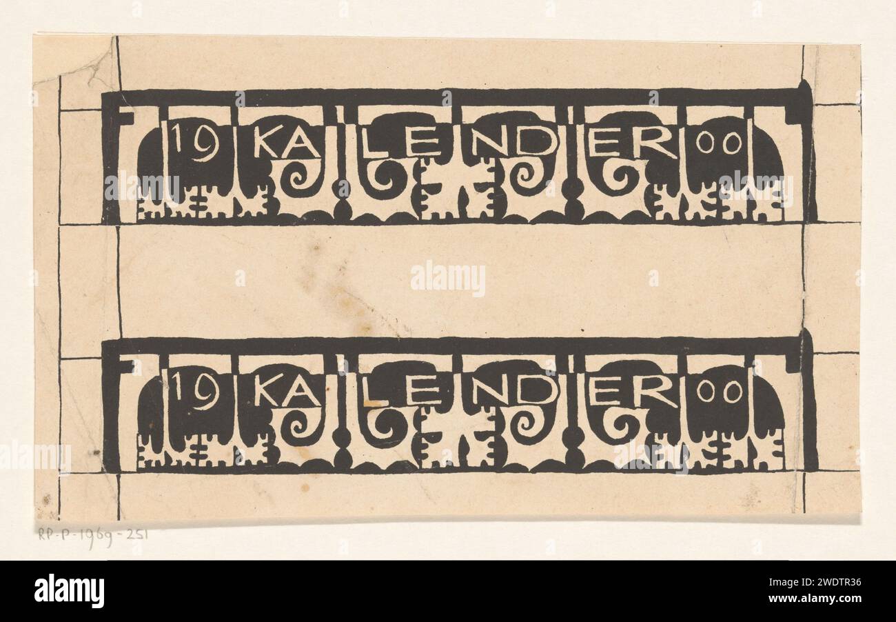 Deux dessins pour la périphérie du calendrier 1900, Carel Adolph Lion cachet, 1900 impriment deux fois le texte '19 Calendar 00' avec des motifs végétaux stylisés autour de lui. calendrier papier, almanach. Ornement dérivé de formes végétales - AA - stylisé Banque D'Images
