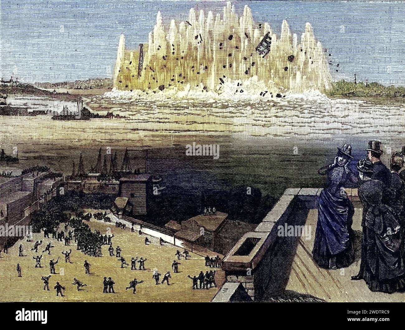 Sprengung des Flood Rock, eines Teils des Hell Gate Rocks, der große Schiffe am erreichen des New Yorker Hafens hinderte und für kleinere Schiffe eine Gefahr darstellte. Der verwendete Sprengstoff war Dynamit, Historisch, digital restaurierte Reproduktion von einer Vorlage aus dem 19. Jahrhundert, Date d'enregistrement non indiquée Banque D'Images