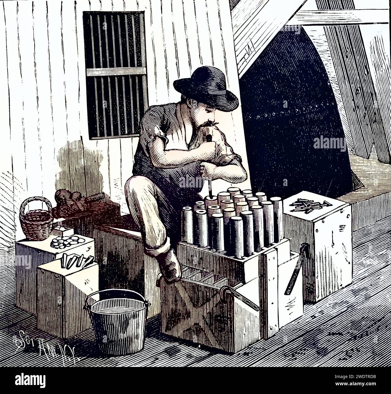 Einsetzen von Sprengkapseln in Dynamitpatronen zur Sprengung des Flood Rock, East River, Teil des Hell Gate Rocks-Komplexes, der 1876 und 1885 teilweise entfernt wurde. Diese Felsen hinderten große Schiffe daran, den New Yorker Hafen zu erreichen, und stellten eine Gefahr für kleinere Schiffe dar. AUS Scientific American, New York, 1885., Historisch, digital restaurierte Reproduktion von einer Vorlage aus dem 19. Jahrhundert, Date d'enregistrement non indiquée Banque D'Images