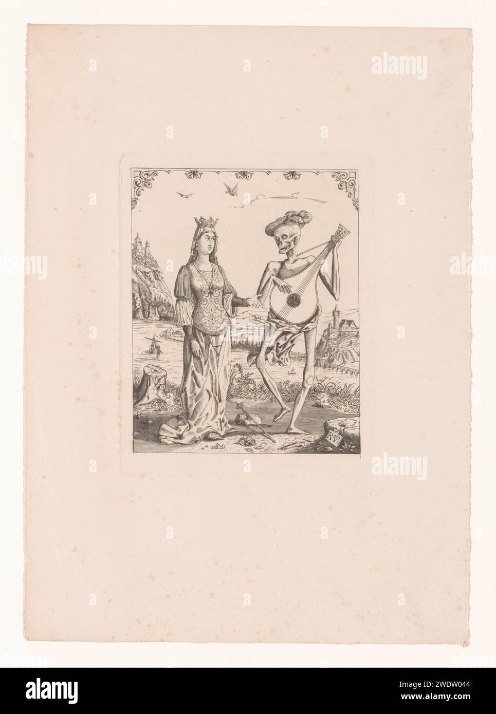 Allégorie avec une femme noble et une mort musicienne, Rodolphe Verhoeven, 1850 - 1900 papier gravure / gravure mort comme cadavre (pourri). Scènes symbolisant « Vanitas ». faire de la musique ; musicien avec instrument Banque D'Images