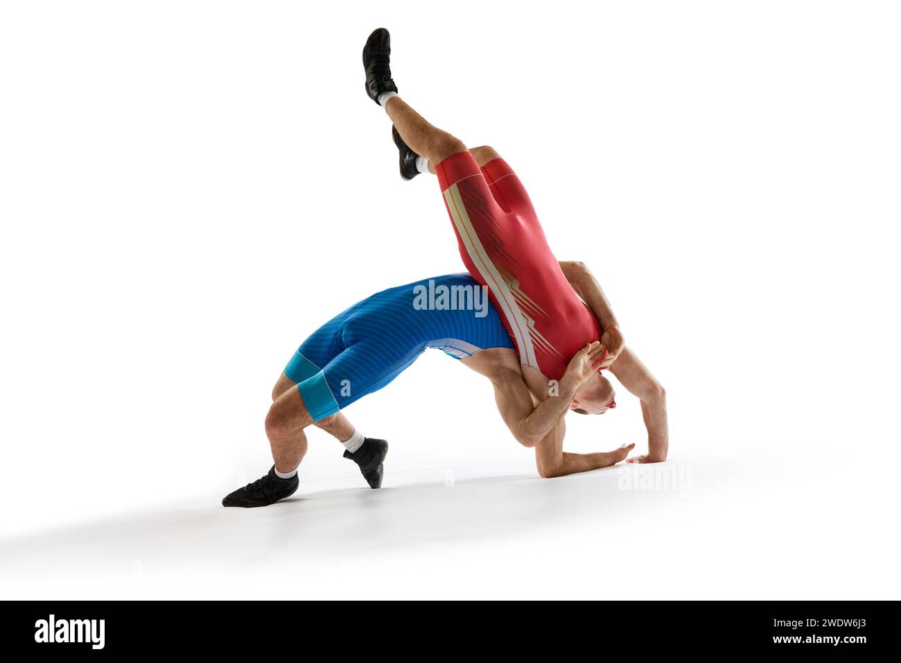 Catcheur en uniforme bleu soulève l'adversaire en rouge, à la fois en position de pont dynamique sur fond de studio blanc. Art martial mixte Banque D'Images