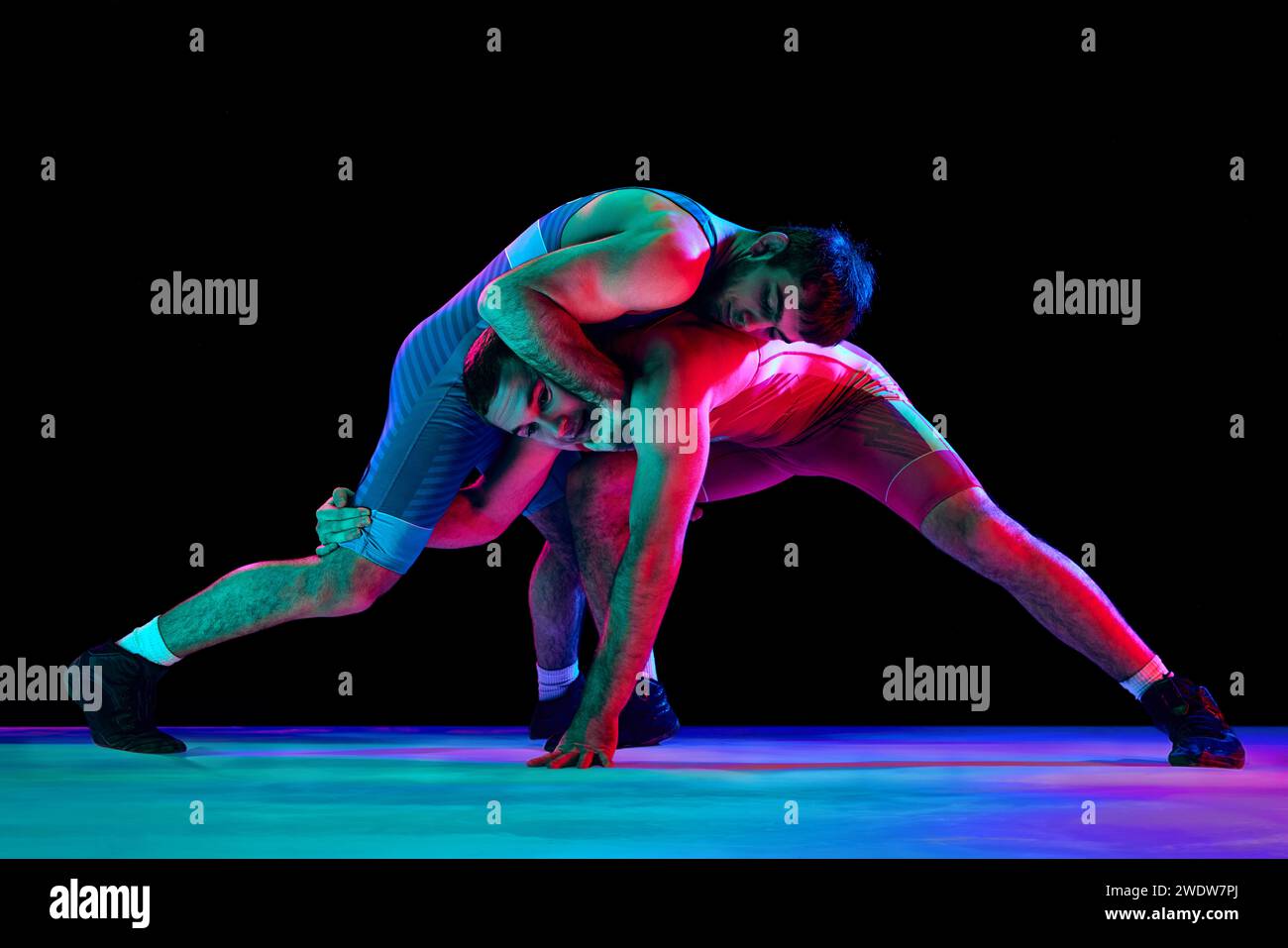 Deux lutteurs forts en uniforme de lutte bleu et rouge se battant et faisant lancer la hanche en mouvement sur fond noir dans des lumières de néon mixtes. Banque D'Images