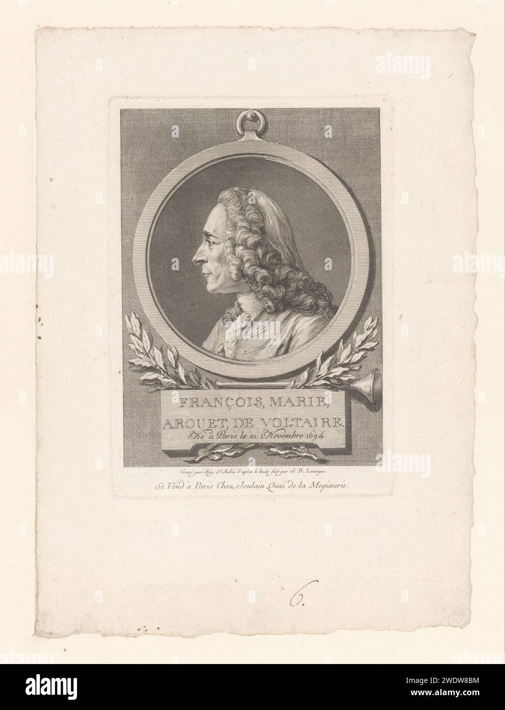 Portret van Voltaire, Augustin de Saint-Aubin, d'après Jean Baptiste Lemoyne, 1746 - 1807 tirage Paris gravure sur papier gravure / gravure de personnages historiques. portrait d'un écrivain Banque D'Images