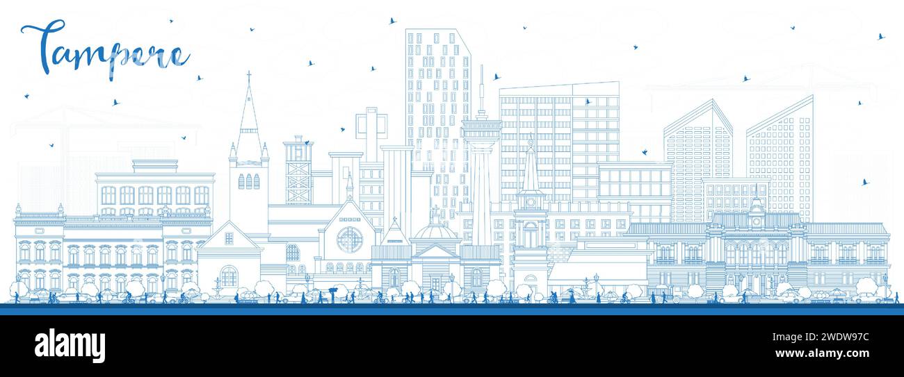 Esquissez les gratte-ciel de Tampere Finlande avec des bâtiments bleus. Illustration vectorielle. Paysage urbain de Tampere avec des monuments. Illustration de Vecteur