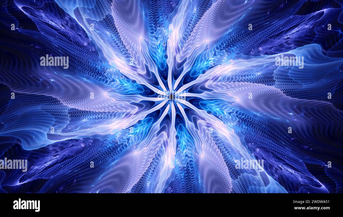 Fractale de particules quantiques brillantes bleues dans l'espace, arrière-plan abstrait généré par ordinateur, rendu 3D. Banque D'Images
