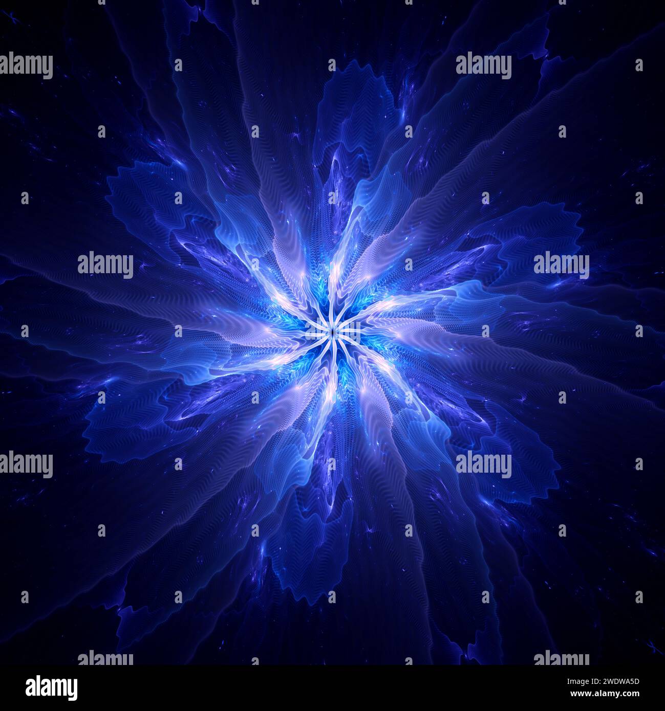 Fractale de particules quantiques brillantes bleues dans l'espace, arrière-plan abstrait généré par ordinateur, rendu 3D. Banque D'Images