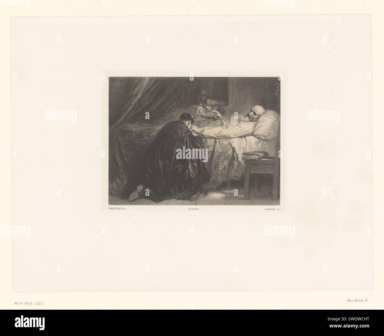 Dood van Christoffel Columbus, Adolphe Mouilleron, d'après Joseph Nicolas Robert-Fleury, 1847 papier de Paris. personnages historiques. lit de mort Banque D'Images