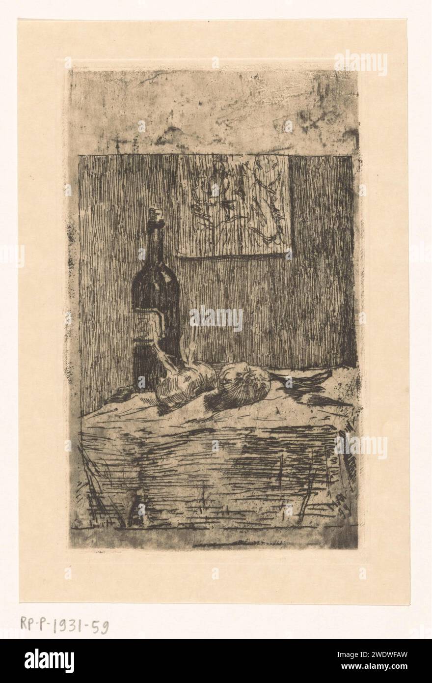 Nature morte avec bouteille de vin et ail, Martinus van Regteren Altena, 1876 - 1908 papier d'impression gravure des aliments ; nature morte des aliments. bouteille de vin. plantes et herbes : ail Banque D'Images