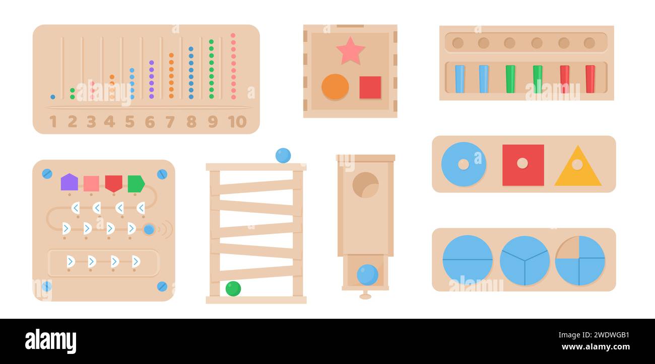 Ensemble vectoriel de jeux Montessori occupés. Enfants jouets logiques écologiques en bois pour les enfants d'âge préscolaire. Collection de divers puzzles écologiques de n Illustration de Vecteur