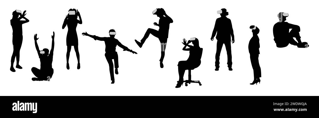 Personnes dans le jeu de silhouettes de casque de réalité virtuelle. Illustration de Vecteur