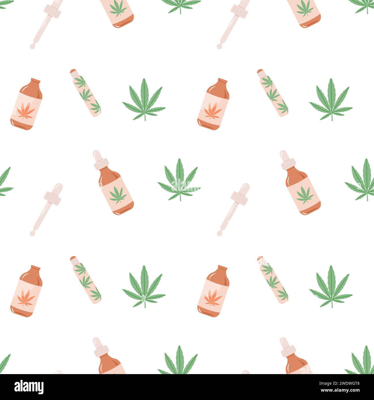 Motif sans couture à l'huile CBD dans des couleurs pastel. Compte-gouttes d'huile de chanvre, rouleau et fond de vecteur de feuilles de cannabis vert. Remède naturel, marijuana pour médical Illustration de Vecteur
