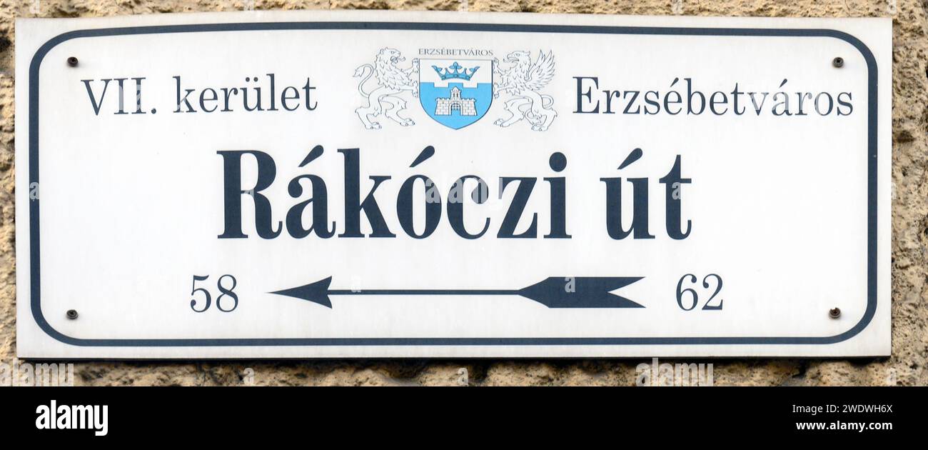 Panneau de rue Rakoczi, District VII Budapest, Hongrie Banque D'Images