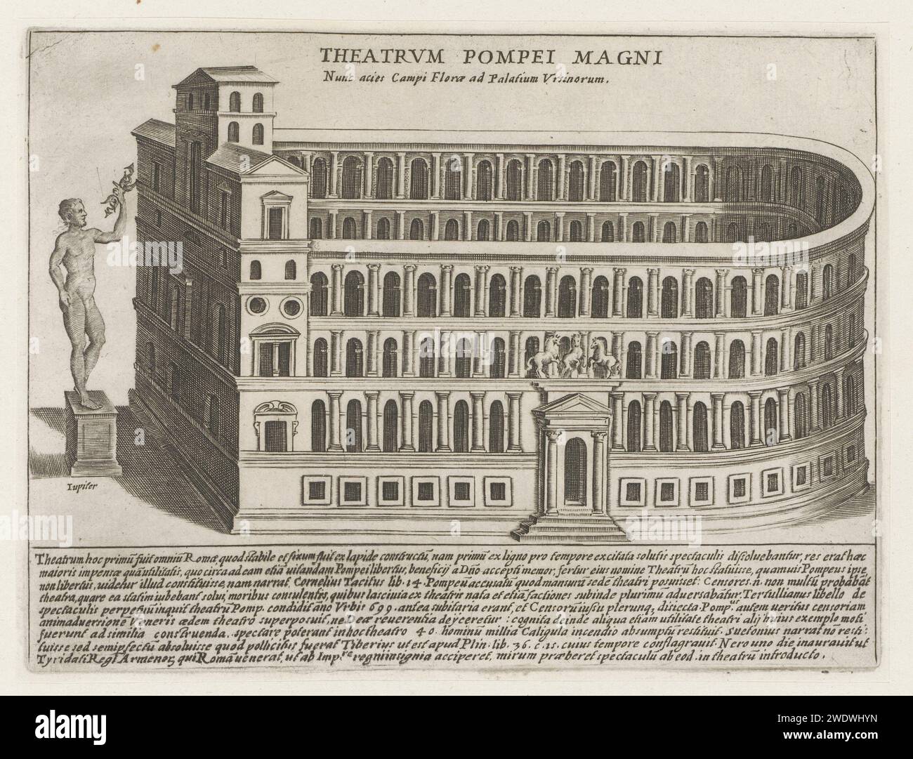 Théâtre Van Pompeius te Rome, Giacomo Lauro, 1612 - 1628 imprimer texte en latin in STUDMARGE. L'impression fait partie d'un album. Représentation de gravure sur papier Rome d'un bâtiment réel (existant ou ayant existé). Théâtre (bâtiment) - AA - représentations en plein air Théâtre Van Pompeus Banque D'Images