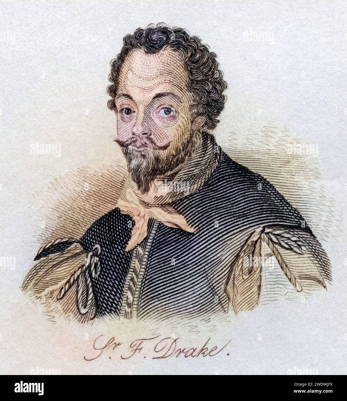 Sir Francis Drake c.1540 3-1596.Vizeamiral. Englischer Freibeuter, Seefahrer, Sklavenhändler und Politiker des elisabethanischen Zeitters. Extrait du livre Crabbs Historical Dictionary publié en 1825., Historisch, digital restaurierte Reproduktion von einer Vorlage aus dem 19. Jahrhundert, Date d'enregistrement non indiquée Banque D'Images