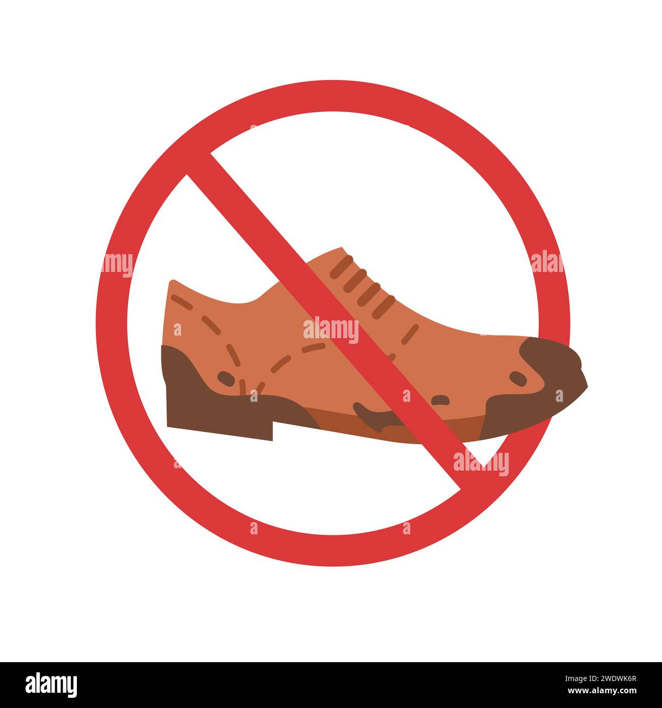 Affiche rouge ou remarque qu'il n'y a pas de chaussures sales. Chaussures boueuses à semelle plate de couleur marron est interdit d'entrer. Concept de bottes boueuses. Illustration vectorielle plate isolée Illustration de Vecteur