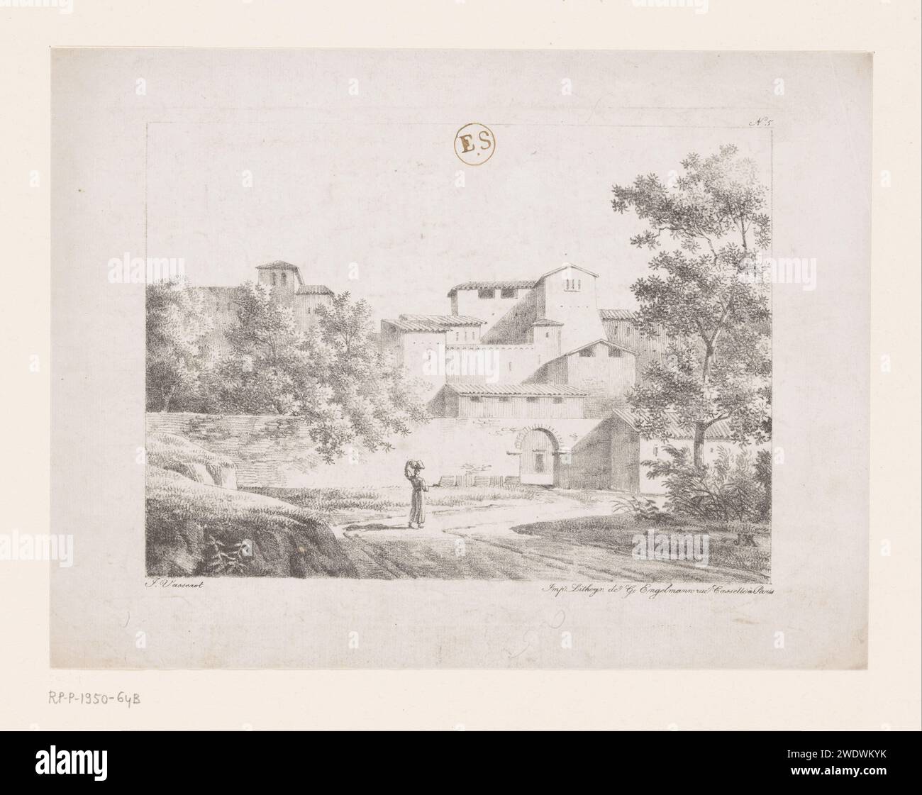 Vue d'une ville italienne fortifiée depuis une route d'accès, Jean Vasserot, Gottfried Engelmann, 1816 - 1830 imprimer Paris papier perspective de village, silhouette de village (+ ville(-paysage) avec des figures, staffage). village-porte (+ ville(-scape) avec chiffres, staffage). voie publique (+ ville(-scape) avec chiffres, personnel) Banque D'Images