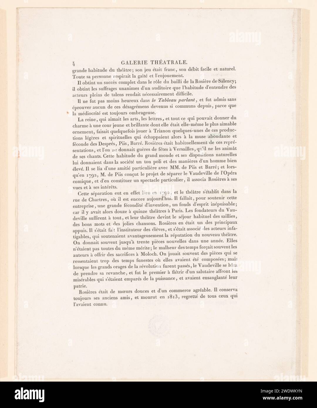 Portret van acteur Rosières dans de Rol van Bailly, Jean Prud'hon, d'après Favart, 1812 - 1834 tirage composé d'un tirage et de quatre pages avec des informations sur l'acteur. acteur de papier (sur scène). personnages historiques Banque D'Images