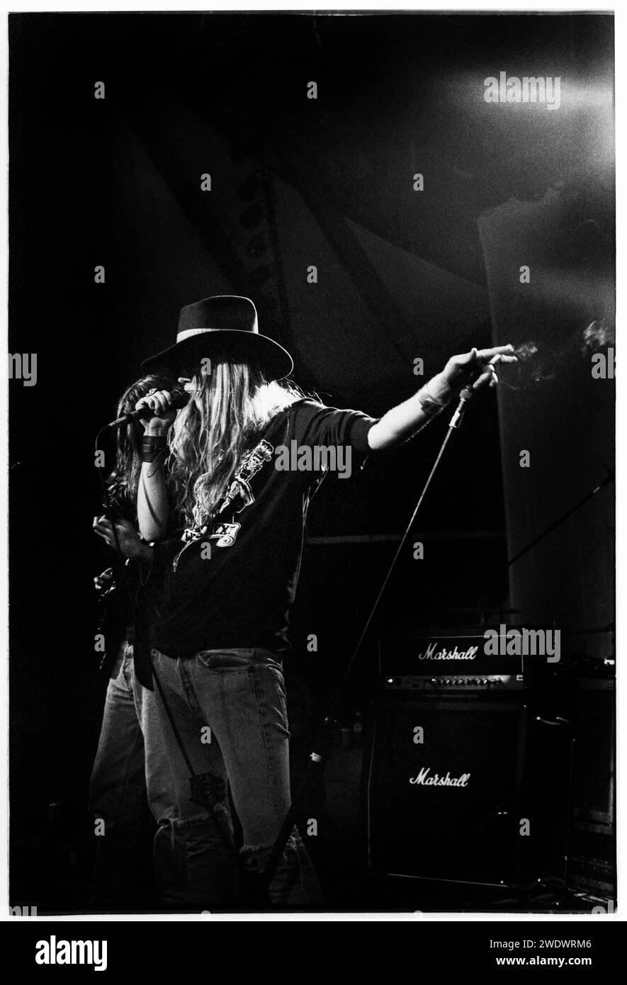 Jennifer Herrema du groupe américain Royal Trux photographiée à l'Université de Cardiff le 1 juin 1995. Photo : Rob Watkins. INFO : Royal Trux, un groupe de rock alternatif américain formé à la fin des années 80, a repoussé les limites musicales. Leurs albums comme Twin Infinitives présentent un son brut et expérimental, mêlant noise rock et blues. Leur approche peu orthodoxe a laissé une empreinte influente sur les scènes alternatives et indie. Banque D'Images