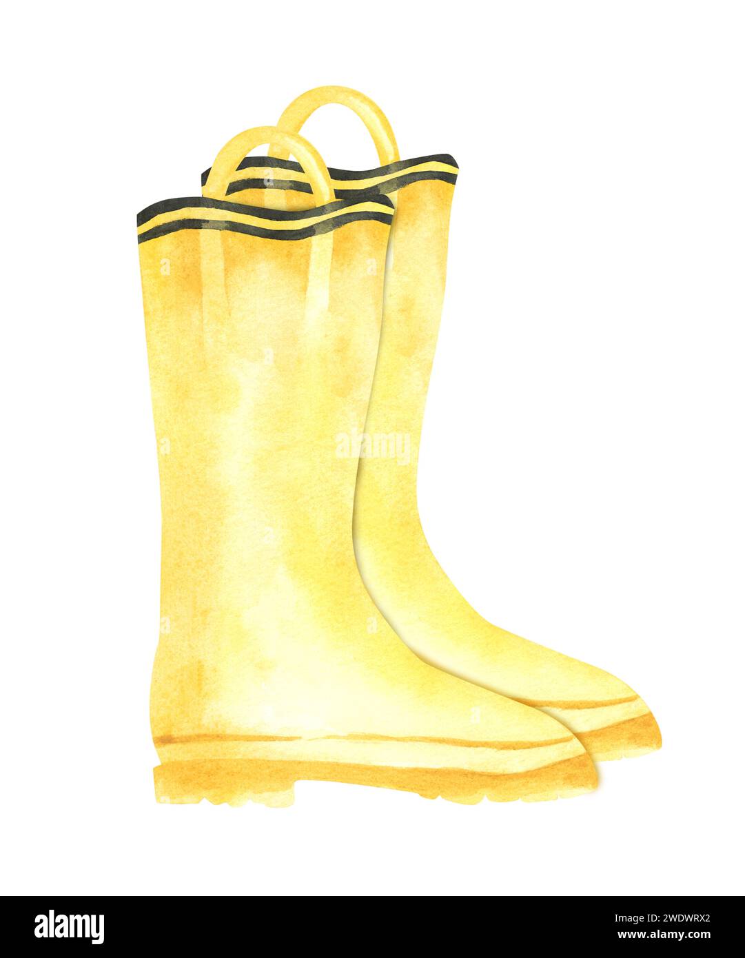 Illustration de chaussures en gomme jaune. Galoches sur fond blanc. Clipart en caoutchouc d'automne ou de printemps. Style jour de pluie. Image aquarelle. Clipart pour logo, gr Banque D'Images