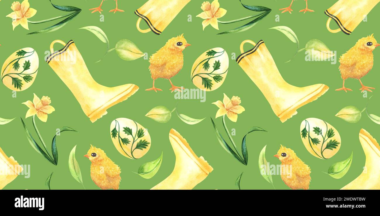 Aquarelle modèle sans couture avec des poulets jaunes mignons et , oeufs, feuilles, bottes en caoutchouc, fleurs de narcisses. Fond de Pâques avec des oiseaux de ferme. Ressort d Banque D'Images