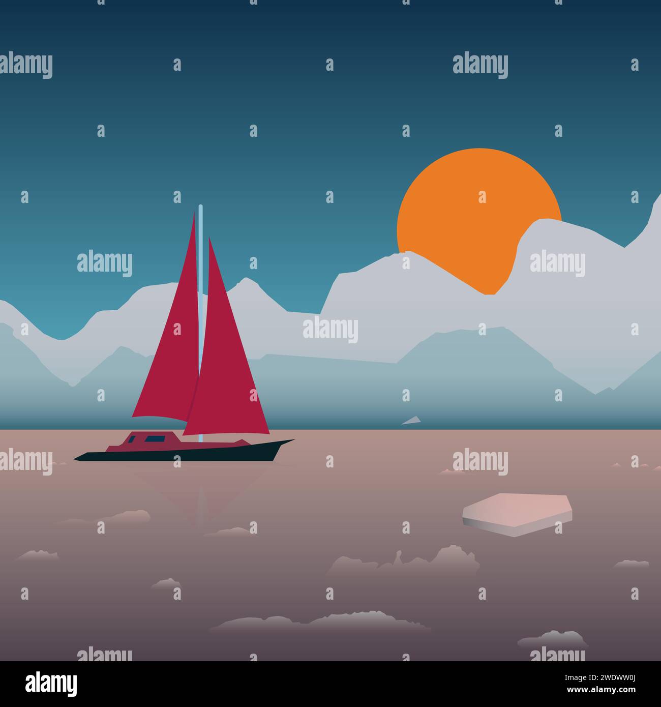Navire au coucher du soleil flottant sur une glace de mer Illustration de Vecteur