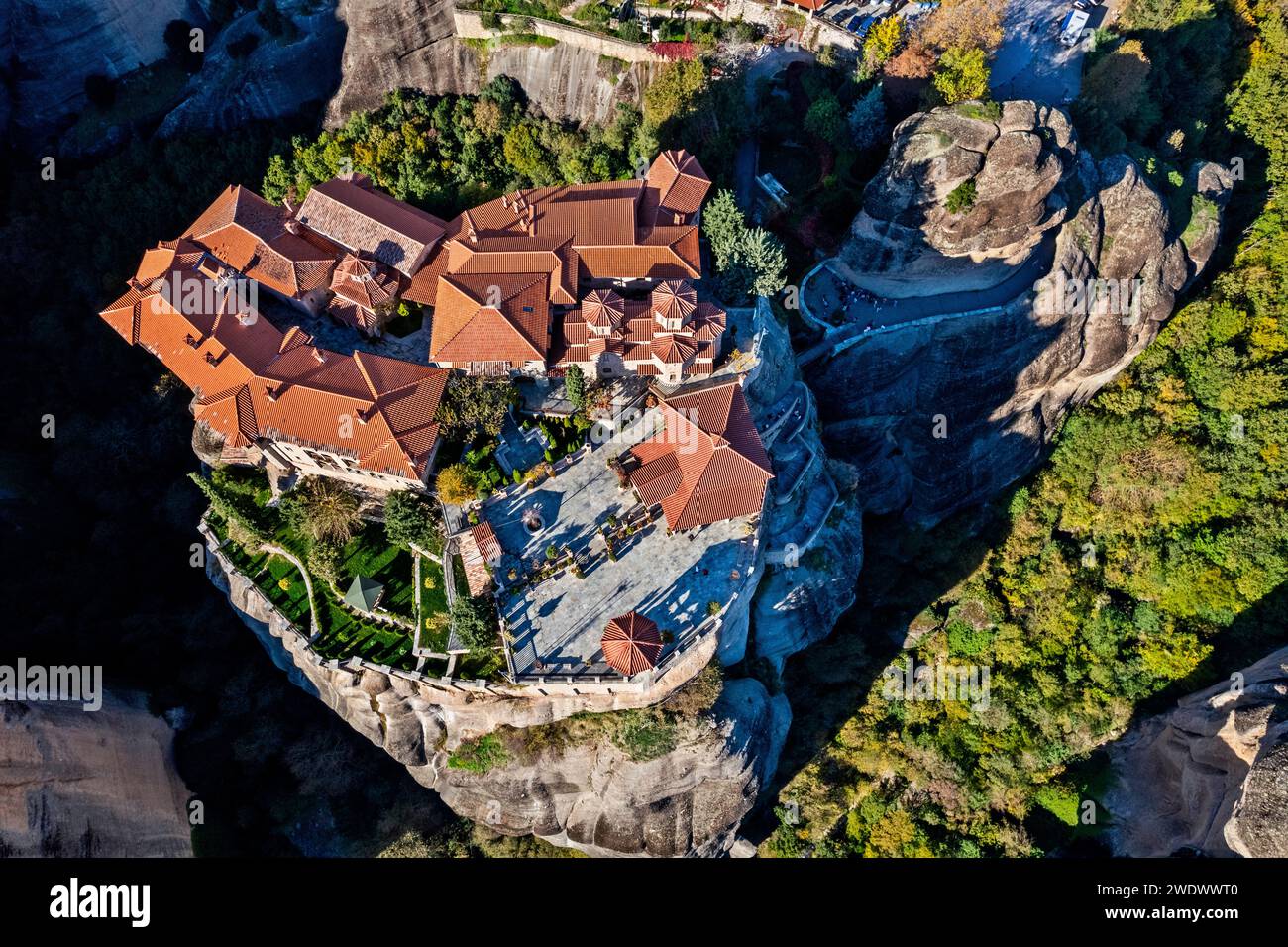 Vue aérienne du monastère de Varlaam, Metera, Trikala, Thessalie, Grèce. Banque D'Images