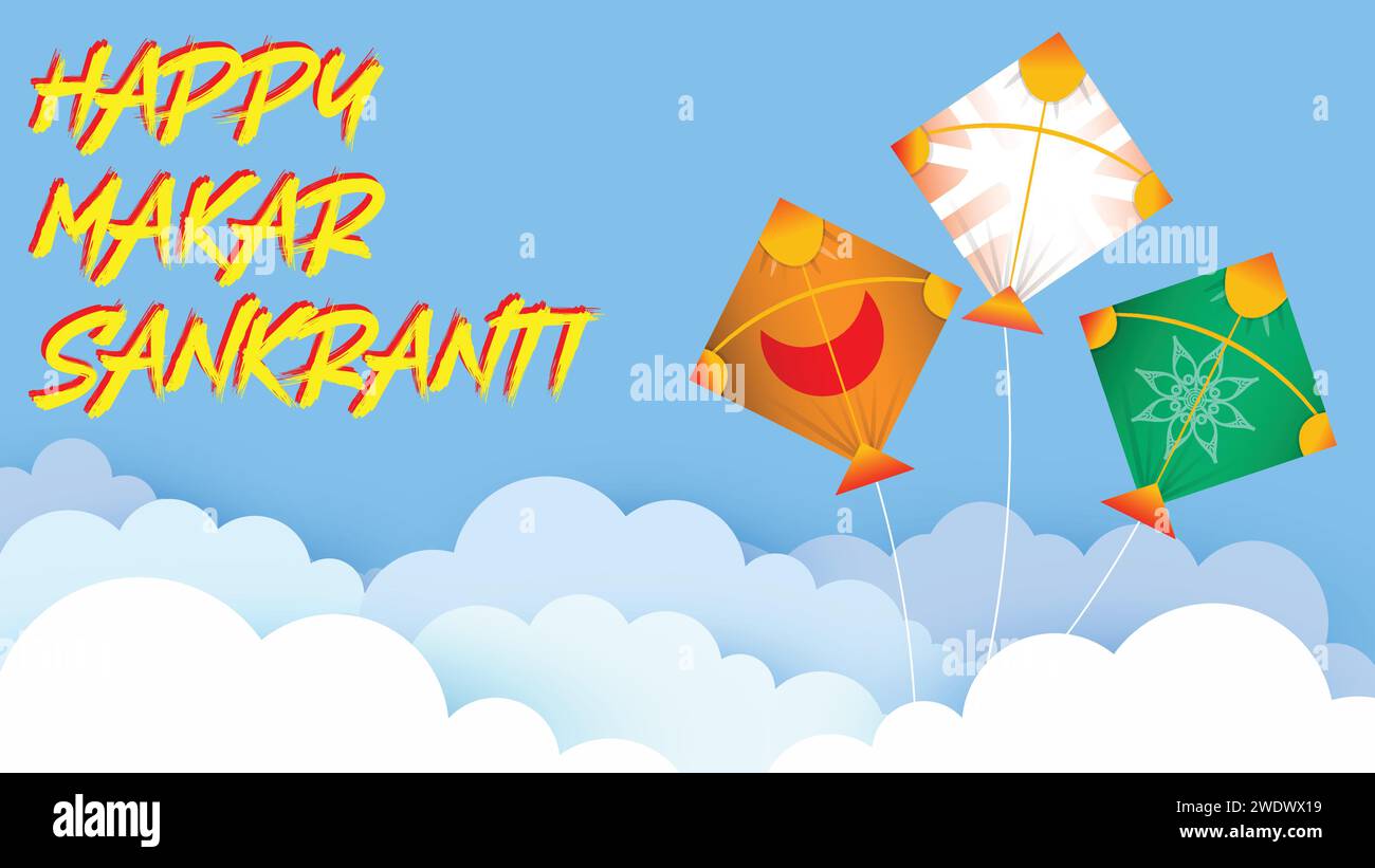 Ce vecteur vibrant célèbre Uttarayana ou Makar Sankranti avec un fond bleu-ciel clair, orné de trois couleurs de drapeau indien au design unique k Illustration de Vecteur