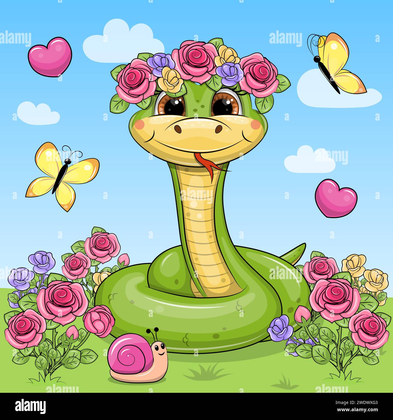 Un serpent vert de dessin animé mignon avec une couronne de fleurs et des papillons est assis dans la roseraie. Illustration vectorielle d'un animal dans la nature avec des fleurs Illustration de Vecteur