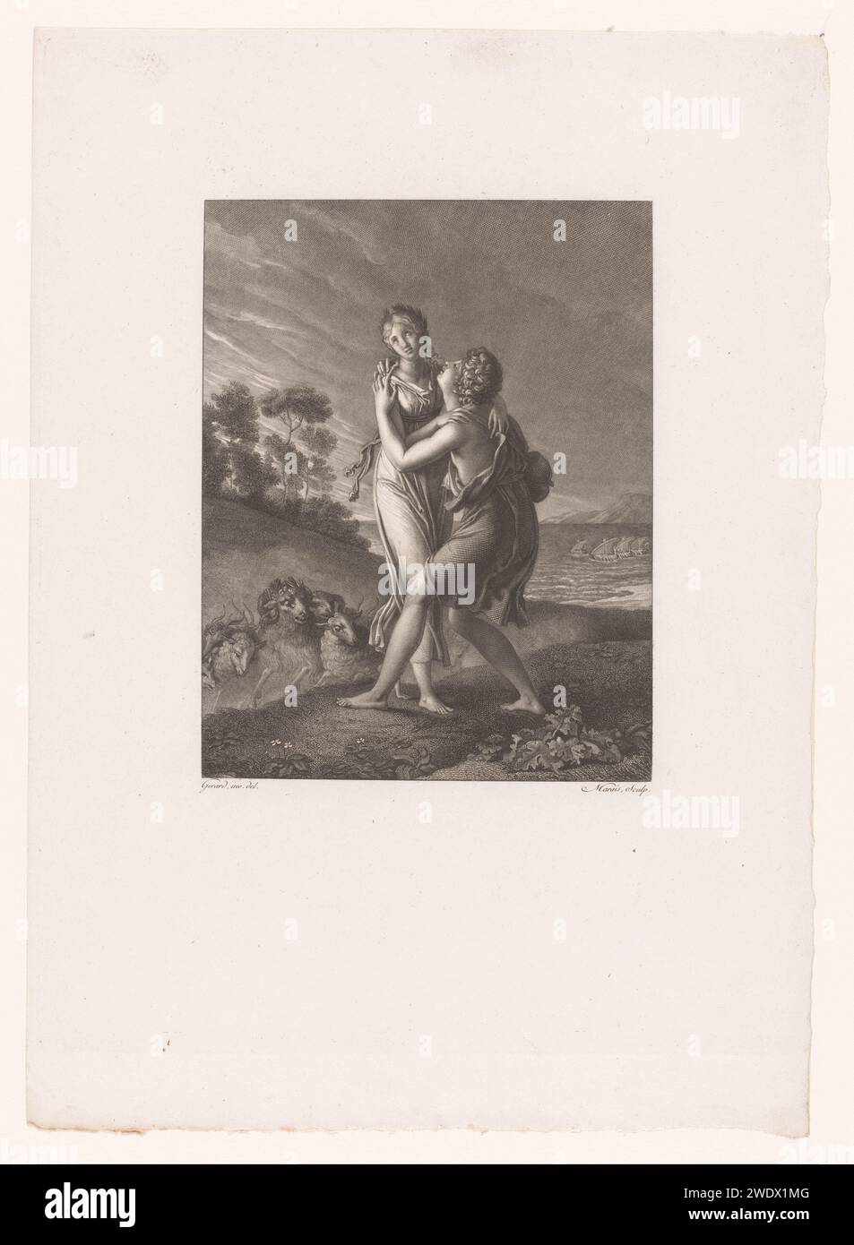 Daphnis dans Chloë Herenigd, Henri Marais, d'après François Gérard, 1800 estampe le retour de Chloë à son enlèvement à Mithymna. Paris gravure sur papier / gravure Daphnis (dans la mythologie grecque un berger qui a inventé la poésie pastorale. Chloe Banque D'Images