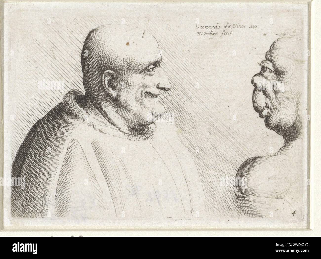 Têtes d'un grand homme chauve et d'une femme grotesque, Venceslas Hollar, d'après Léonard de Vinci, 1645 imprimer Anvers papier gravure handicaps, déformations. caricatures (types humains) Banque D'Images