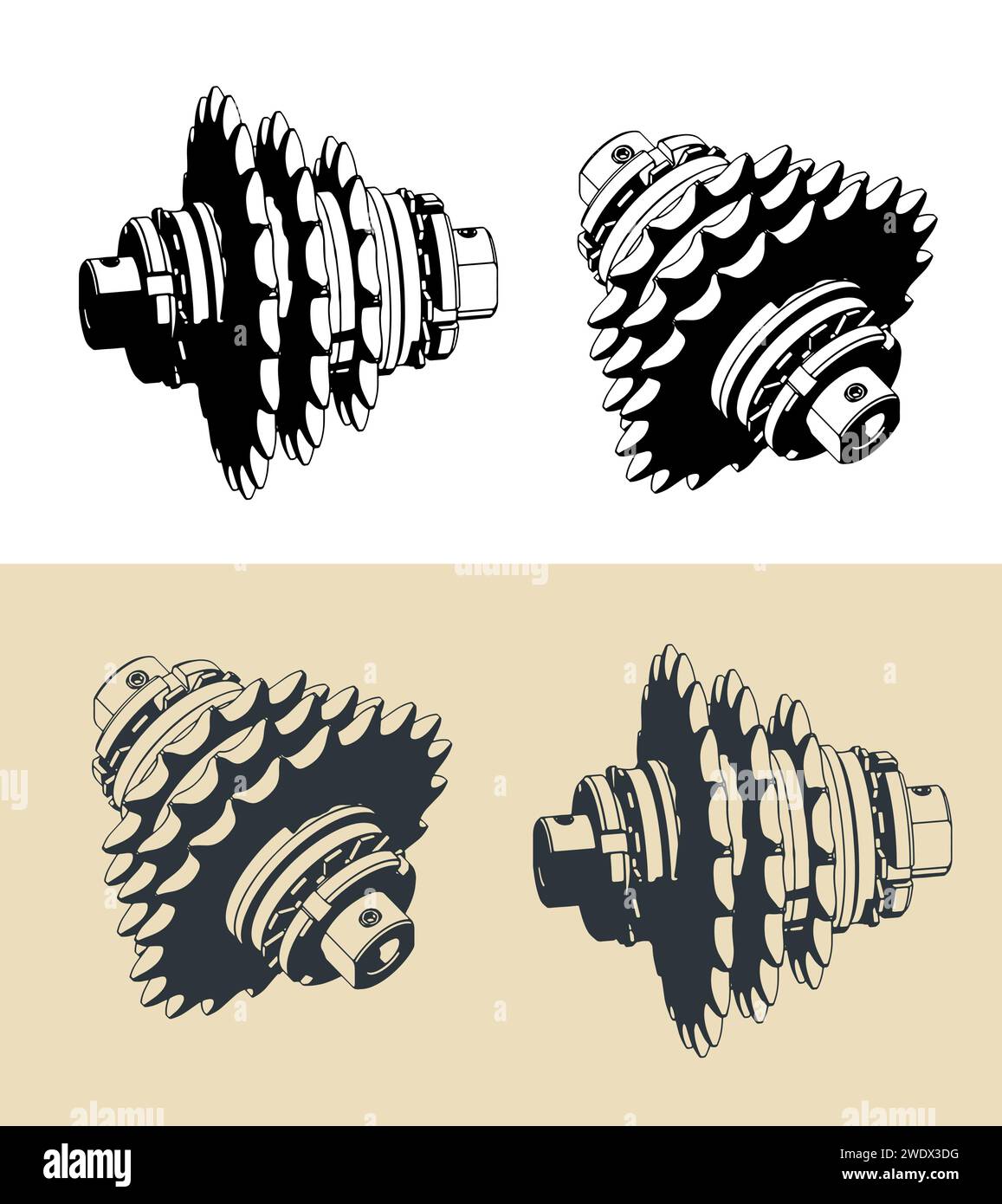 Illustrations vectorielles stylisées de transmission à pignons de chaîne Illustration de Vecteur