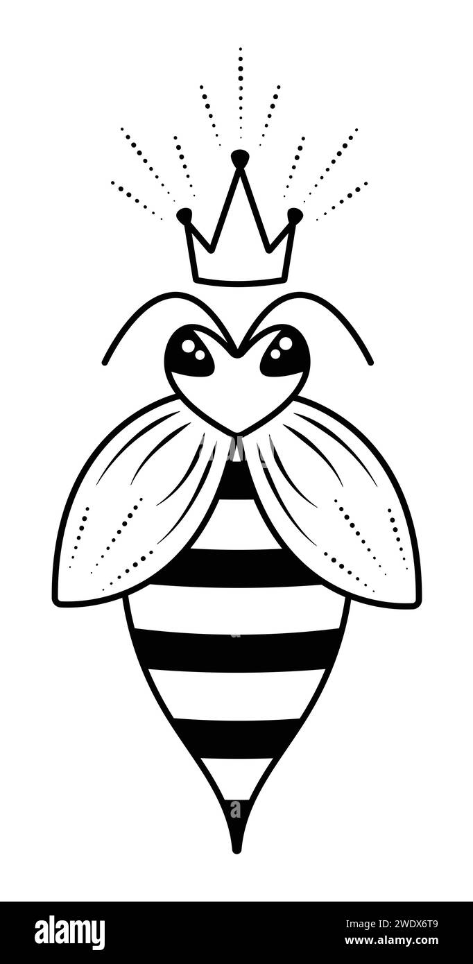 Jolie reine d'abeille avec une couronne, mère d'abeille domestique illustration vectorielle noir et blanc Illustration de Vecteur
