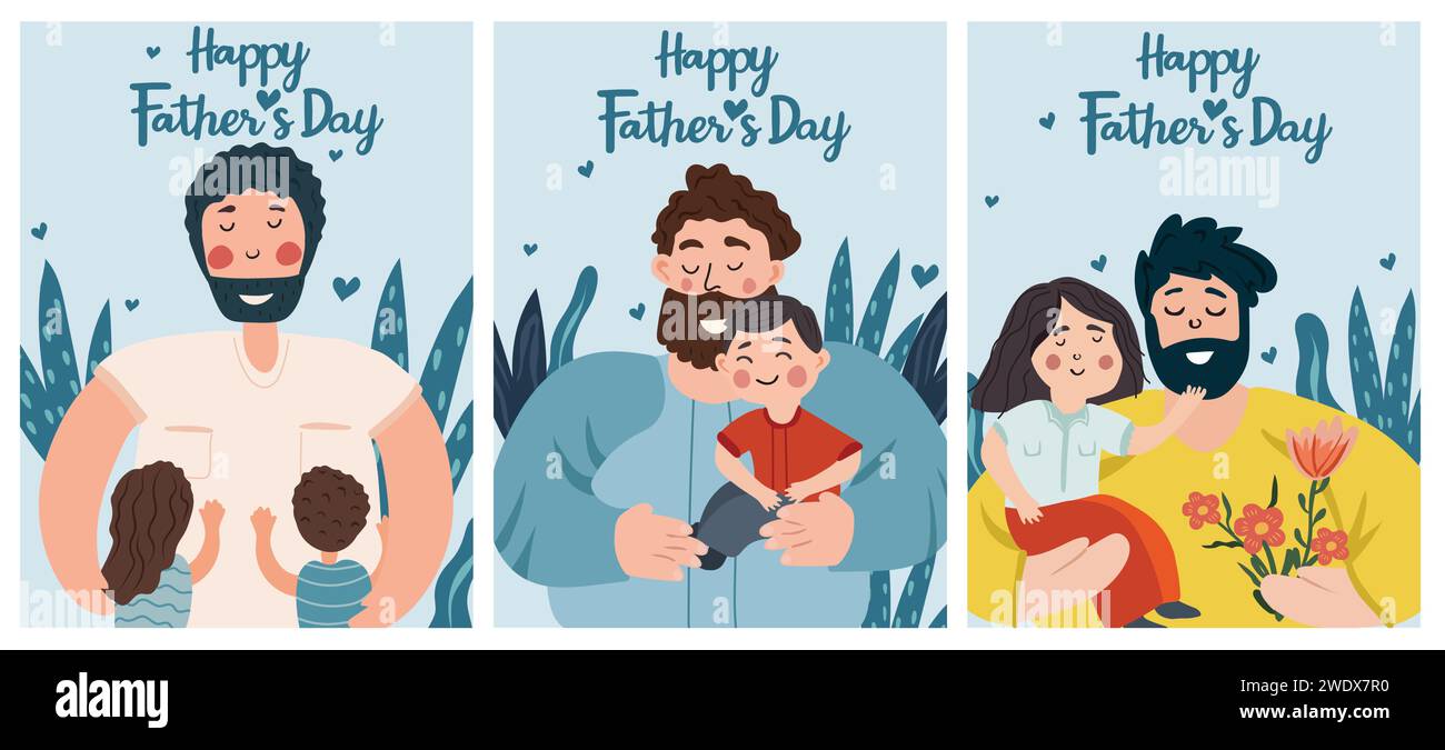 Une série d'images sur le thème de la fête des Pères mettant en valeur les pères qui entretiennent des liens et des aventures avec leurs enfants. Ces illustrations capturent l'essence de l'amour paternel. Illustration vectorielle. Illustration de Vecteur