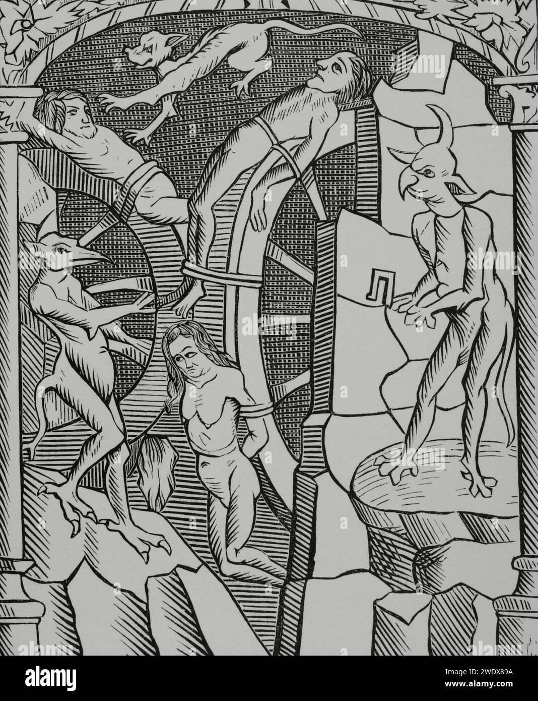 Torture de la roue, exécutée par des démons. Gravure d'après 'le Grant Kalendrier et compost des Bergiers', Troyes, 1529. « Moeurs, usages et costumes au moyen-âge et à l'époque de la Renaissance », par Paul Lacroix. Paris, 1878. Banque D'Images