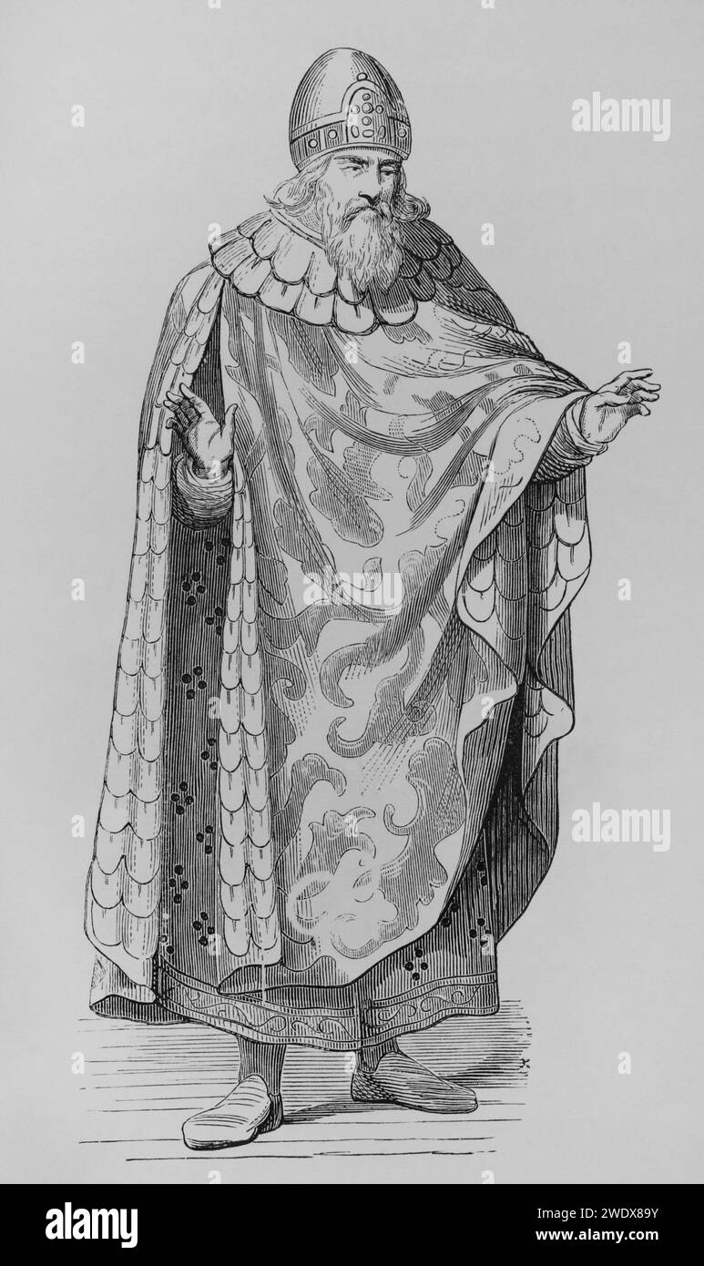 Doge de Venise. Costume d'avant le 16e siècle, dont la cape était ouverte de haut en bas, fixée à l'épaule droite avec un bouton, et pendante de gauche. Le collier est entouré d'hermine. Gravure d'après Cesare Vecellio (1530-1601) dans 'de gli habiti antichi et moderni di diversi parti del mondoi'. Venise, 1590. « Moeurs, usages et costumes au moyen-âge et à l'époque de la Renaissance », par Paul Lacroix. Paris, 1878. Banque D'Images
